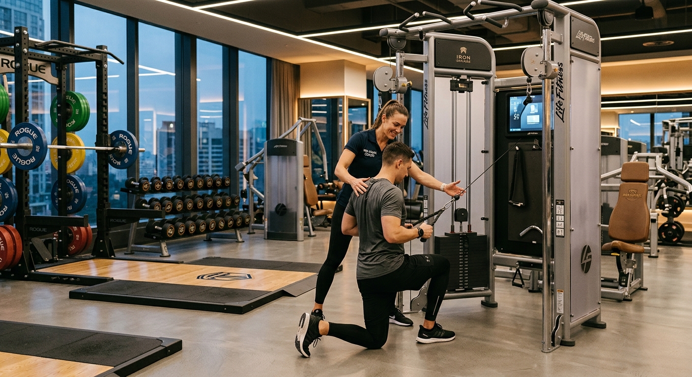 Professional fitness coach guiding a client through strength training exercises in a modern gym with premium equipment