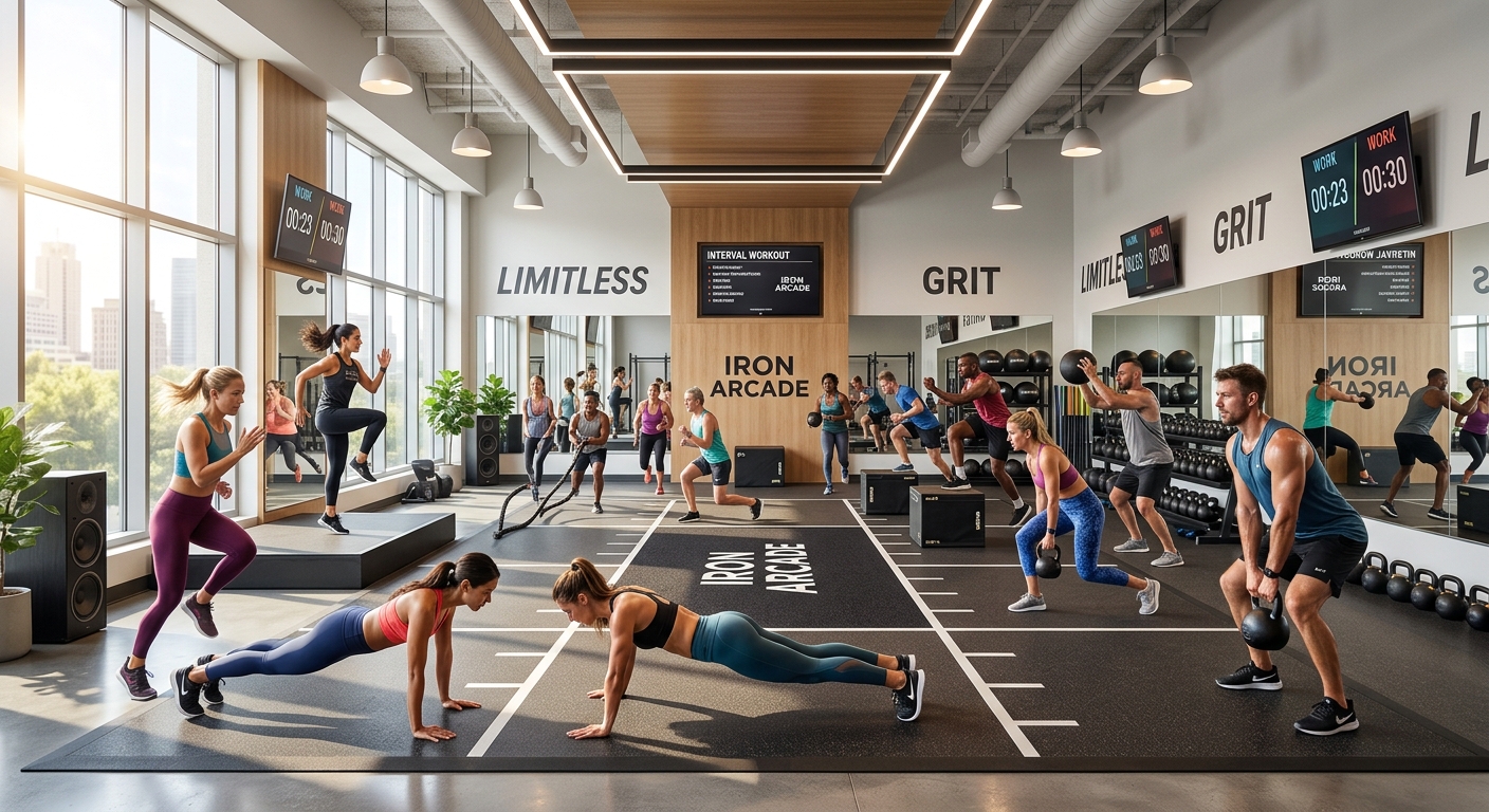 Dynamic group fitness class with participants performing high intensity interval training in well lit modern studio