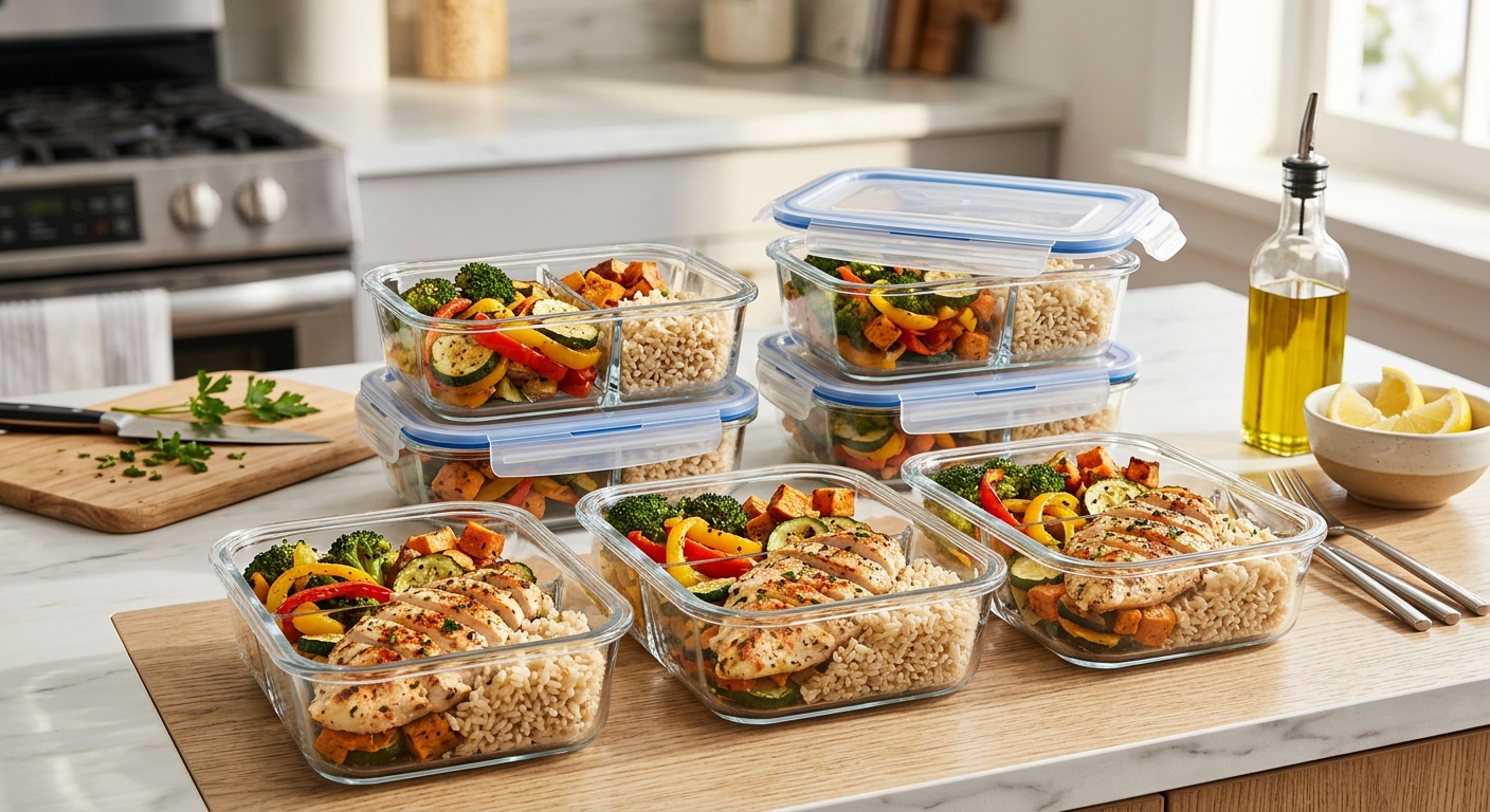 Healthy meal prep containers with lean protein grilled chicken breast vegetables and brown rice on kitchen counter