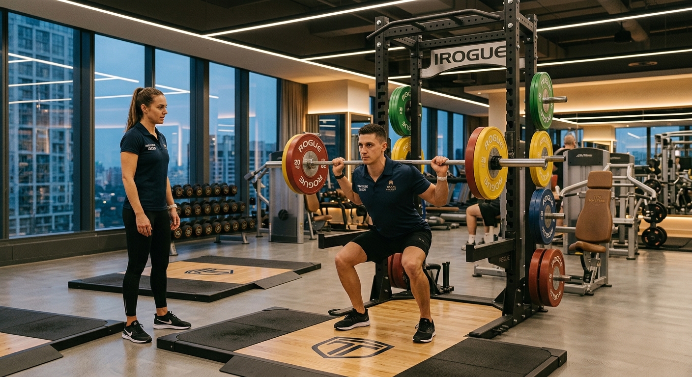 Athletic male personal trainer demonstrating weightlifting technique with barbell in spacious gym environment